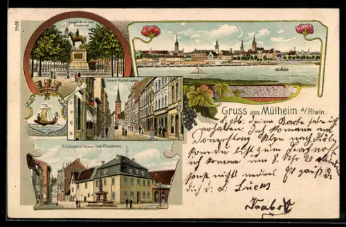 Lithographie Mülheim a. Rh., Totalansicht, Partie in der Unteren Wallstrasse und Kaiser Wilhelm-Denkmal