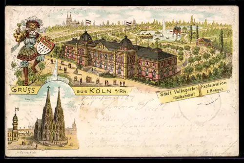 Lithographie Köln a. Rh., Restaurant Städtischer Volksgarten aus der Vogelschau und Dom