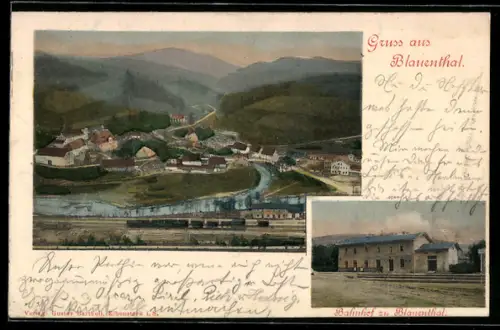 AK Blauenthal, Totalansicht mit Umgebung und Partie am Bahnhof