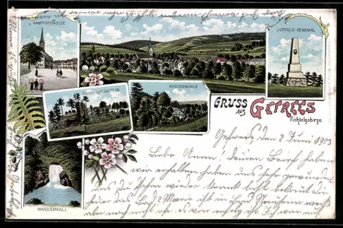 Lithographie Gefrees / Fichtelgebirge, Hauptstrasse, Luitpold-Denkmal, Ruine Grünstein