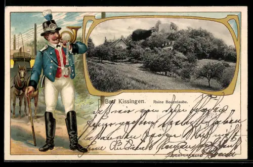 Passepartout-Lithographie Bad Kissingen, Ruine Bodenlaube mit umgebenden Bäumen