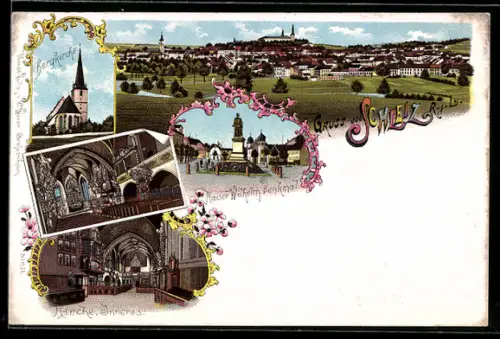 Lithographie Schleiz, Bergkirche, Kaiser Wilhelm Denkmal, Ortsansicht