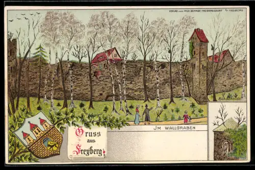Lithographie Freiberg /Sachsen, Partie am Wallgraben, Wappen im Passepartout