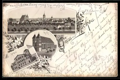 Lithographie Luckau, Totalansicht mit Umgebung, Kirche und Rathaus