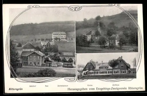 Lithographie Rittersgrün, Teilansichten mit Kirche und Umgebung, Bahnhof und Zollhaus