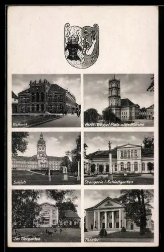 AK Neustrelitz, Platz und Stadtkirche, Schloss, Rathaus, Theater, Tiergarten