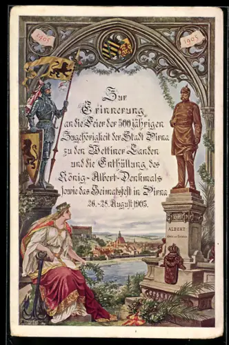 Künstler-AK Pirna, König Albert-Denkmal und Saxonia, Blick zur Stadt