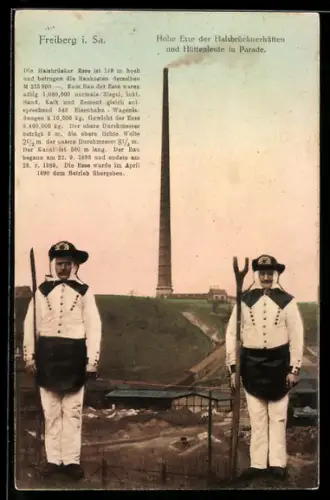 AK Freiberg i. Sa., Hohe Esse der Halsbrücknerhütten und Hüttenleute in Parade