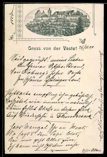 Lithographie Coburg, Veste Coburg im Blumen-Rahmen