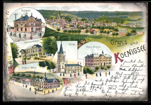 Lithographie Koenigsee, Peter`s Hotel, Schiesshaus, Neue Schule, Postamt