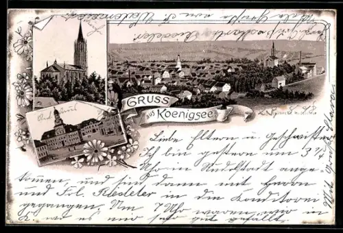 Lithographie Koenigsee, Kirche, Strassenpartie und Totalansicht