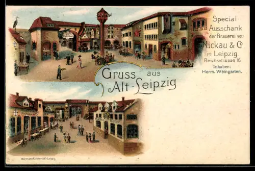 Lithographie Leipzig, Gasthaus Zum Kaffeeboom und Gasthaus Auerbach`s-Keller, Reichsstrasse 16