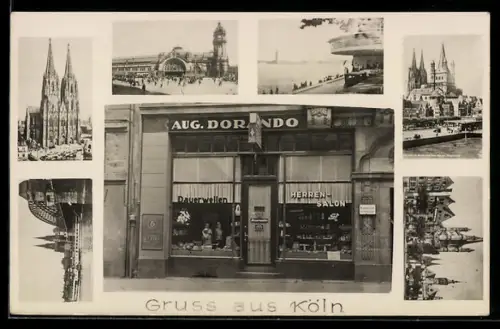 AK Köln, Friseurgeschäft von Aug. Dorando, Ansicht vom Dom und Rheinbrücke