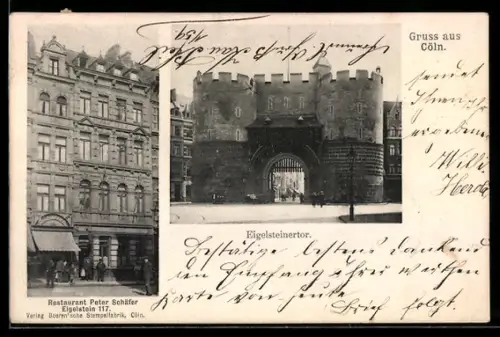 AK Cöln, Restaurant Peter Schäfer, Eigelstein 117, Blick auf das Eigelsteinertor