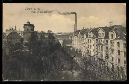 AK Cöln a. Rh., Partie an der Bottmühle mit Turm und Fabrik