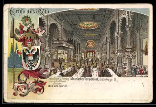 Lithographie Köln, Restaurant Maurischer Tempelsaal, Siebenburgen 51, Innenansicht, Stadtwappen
