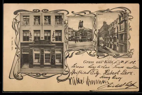 AK Köln, Fassadenansicht vom Restaurant Lindau, Partie am Reiterstandbild, Gürzenich