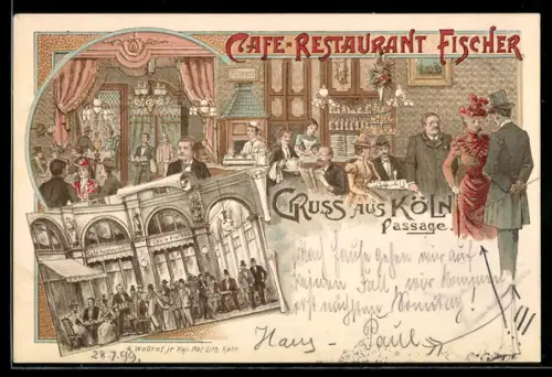 Lithographie Köln, Cafe-Restaurant Fischer, Inh. Louis Fischer, Passage, Innenansichten