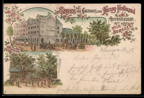 Lithographie Herrenhausen, Gasthaus Herzog Ferdinand, Inh. Wilh. Borges, Strassenbahn
