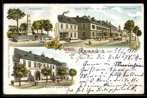 Lithographie Rehau i. B., Gasthof zur goldenen Krone, Drogerie Merkur, Maxplatz und Ludwigstrasse