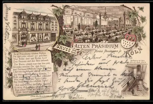 Lithographie Köln, Gasthaus Altes Präsidium, Inh. Heinr. Baumann jr., Wappen, Schildergasse 84
