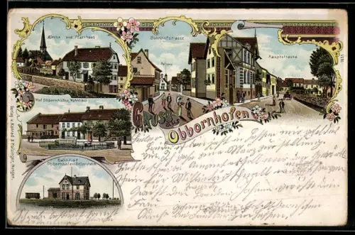 Lithographie Obbornhofen, Hauptstrasse, Bahnhofstrasse mit Rathaus, Bahnhof