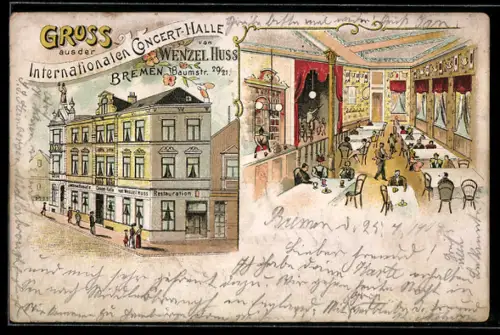 Lithographie Bremen, Gasthof Internationale Concert-Halle, Inh. Wenzel Huss, Baumstrasse 20/21