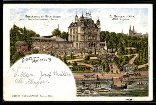 Lithographie Köln, Gasthof Marienburg, Blick vom Rhein aus, Raddampfer