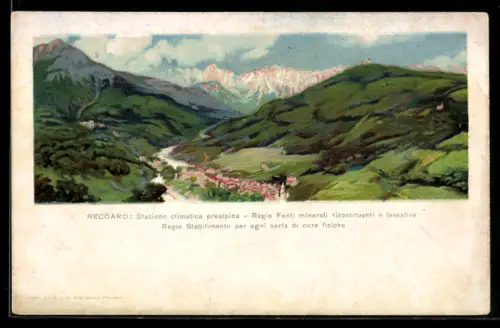 Lithographie Recoaro, Gesamtansicht mit Gebirgspanorama
