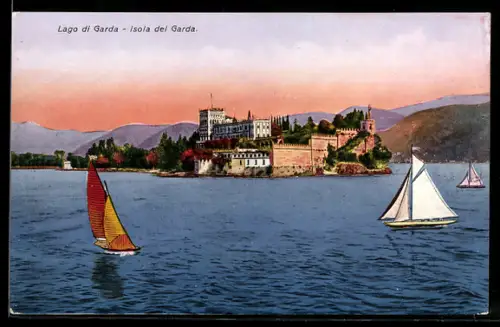 AK Isola di Garda, Panorama mit Segelschiffen