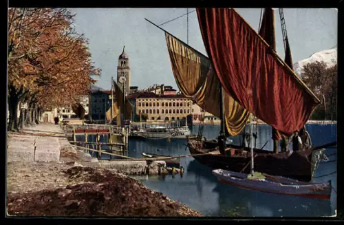 AK Riva del Garda, Partie im Hafen, Segelboot, Dampfer