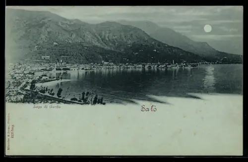 Mondschein-AK Salò, Panorama-Ansicht mit Ort, See und Bergen