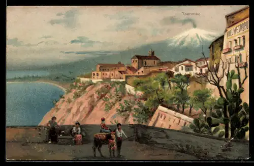 Künstler-AK Taormina, Blick vom Hotel Metropole zum Ätna