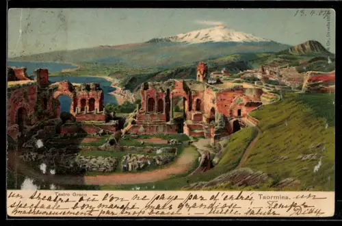 Künstler-AK Taormina, Teatro Greco con vista sull`Etna innevato