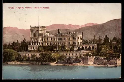 AK Isola di Garda, Lago di Garda, Ruderpartie mit Blick auf das Castello