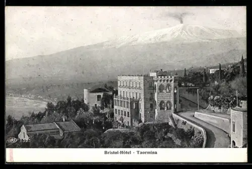 AK Taormina, Bristol-Hotel aus der Vogelschau
