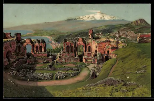 Künstler-AK Taormina, Teatro Greco con vista sull`Etna innevato