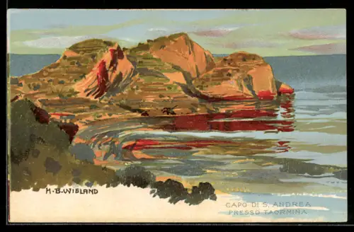 Künstler-Lithographie sign. H. B. Wieland: Capo di S. Andrea, Presso Taormina
