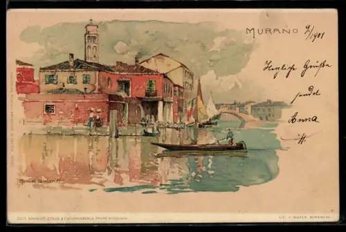 Künstler-AK Manuel Wielandt: Murano, Fischerboot fährt ein