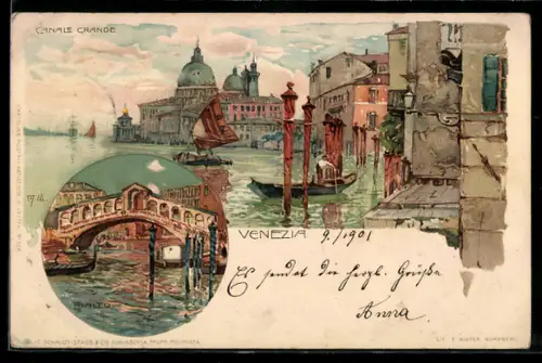 Künstler-AK Manuel Wielandt: Venedig, Partie mit Gondel, Rialto-Brücke