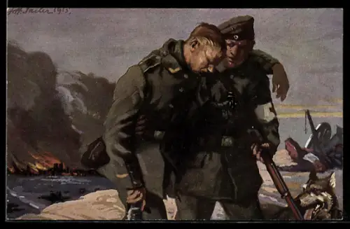 AK Sanitätshundführer und Sanitätshund geleiten einen Soldaten zum Verbandplatz