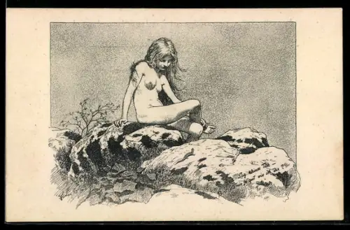 Künstler-AK Fidus: Naturkinder, nacktes Mädchen in felsiger Landschaft