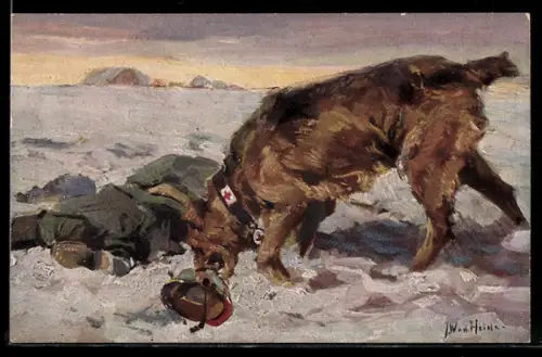 Künstler-AK Sanitätshund bei einem verletzten Soldaten