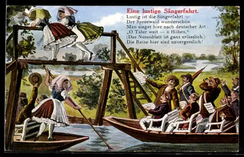 AK Männer unternehmen eine Sängerfahrt und bestaunen die spreewälder Frauen in ihren Trachten