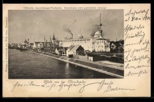 AK Düsseldorf, Industrie-, Gewerbe- u. Kunst-Ausstellung 1902, Blick von der Rheinbrücke auf das Ausstellungsgelände