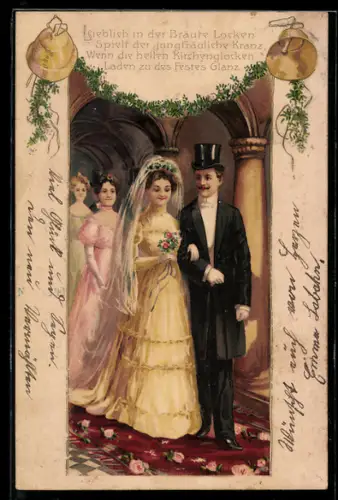 Lithographie Brautpaar in der Kirche auf dem Weg zum Altar