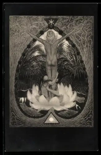 Künstler-AK Fidus: Aufschwung, Frau umschlingt die Beine ihres Mannes, Seerose