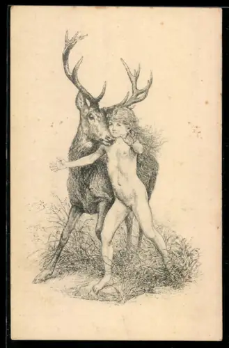 Künstler-AK Fidus: Du sollst nicht töten!, nacktes Naturkind mit Hirsch