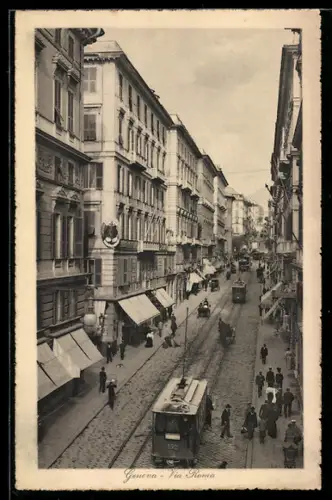 AK Genova, Via Roma mit Strassenbahn