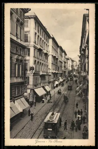 AK Genova, Via Roma mit Strassenbahn